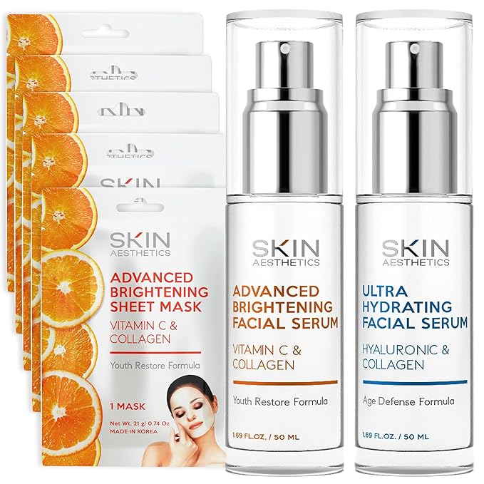 Serum & Face Mask Set, Vitamin C & Collagen & Hyaluronic Acid Value Set - Anti-Aging, Hydrating - Clean Beauty Ingredients, Cruelty-Free Korean Skin Care - Set of 3-BrightBean Baby