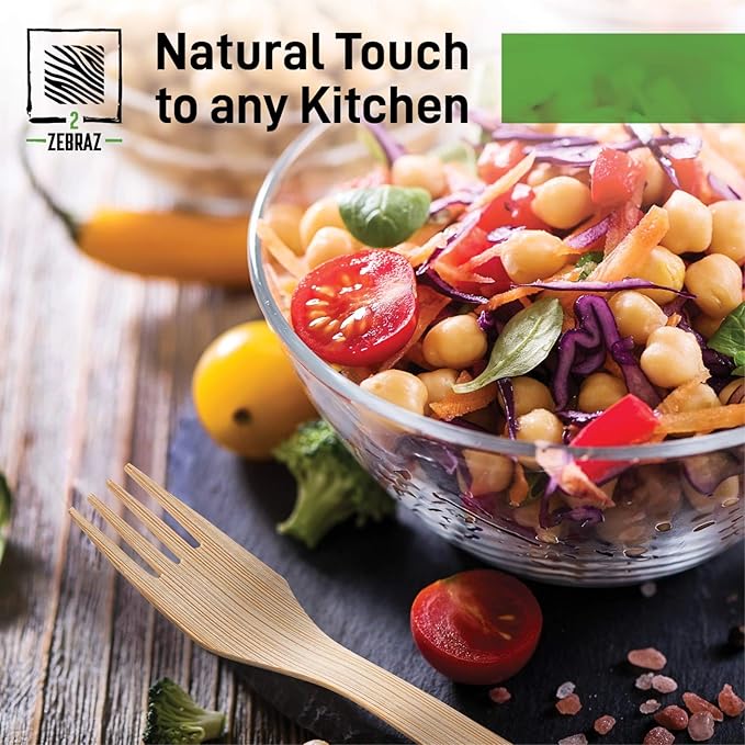 2ZEBRAZ 100% Bamboo Cutlery Set of 100 pc - 50 Forks, 25 Knives, 25 Spoons, Smooth Reusable Bamboo Silverware, Compostable and Durable Disposable Utensils, Eco-Friendly Flatware in Premium Box