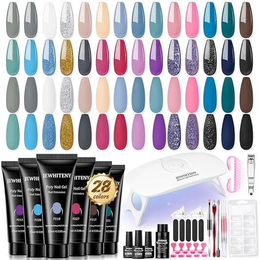 JEWHITENY Poly Gel Nail Kit 28 Colors Nude Gray Glitter with Nail Lamp Base Top Coats Builder Gel All-In-One Set Ideal for Designs DIY At Home Need U V Lamp Curing-BrightBean Baby