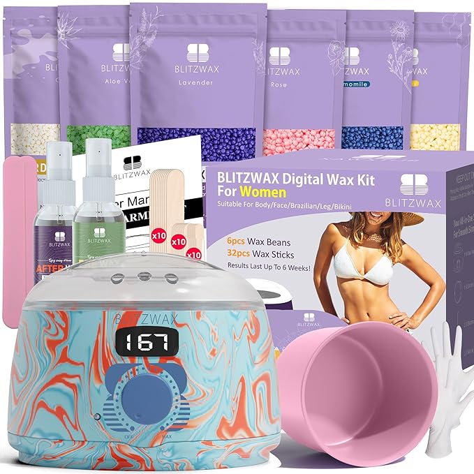 BLITZWAX Brazilian and Bikini Waxing Kit for Women, Hard Wax Warmer for Face, Legs and Body, At Home Hair Removal Kit, Beginner Friendly, Effective on Coarse Hair, Pool Swirl Design-BrightBean Baby