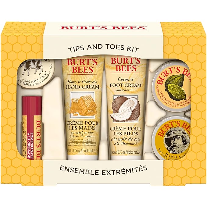 Burt's Bees Back to School Gifts Ideas, 6 Body Care College Dorm Products, Tips and Toes Set - Pomegranate Moisturizing Lip Balm, 2 Hand Creams, Foot Cream, Cuticle Cream & Hand Salve-BrightBean Baby