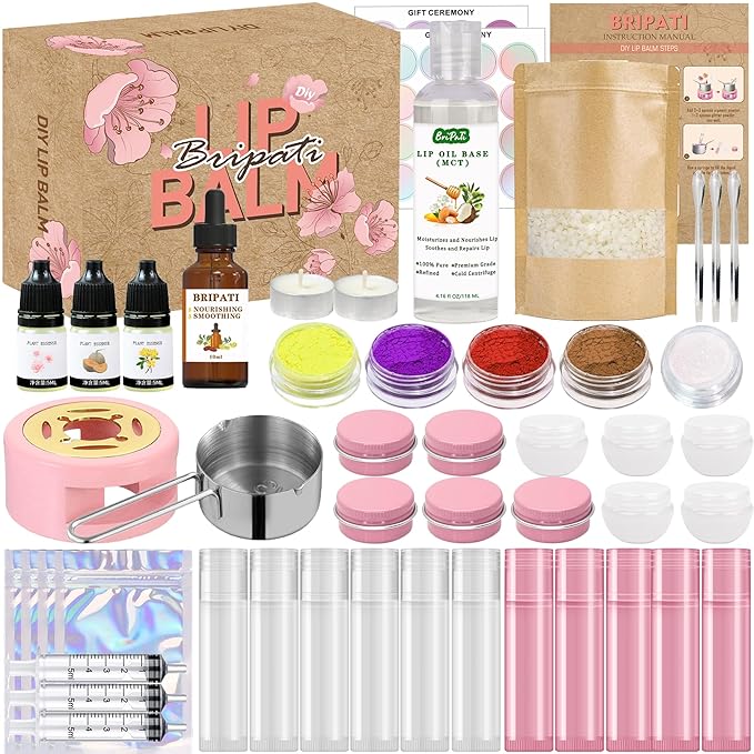 Lip Balm Making Kit - DIY Lip Gloss Kit to Make Your Own Lip Balm with Natural Beeswax, Lip Base Oil, Essential Oil, Tubes, Jars Lip Balm Craft Kit For Adults Girls Moisturizing Lip Care Kit-BrightBean Baby