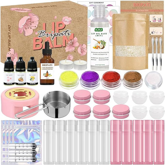 Lip Balm Making Kit - DIY Lip Gloss Kit to Make Your Own Lip Balm with Natural Beeswax, Lip Base Oil, Essential Oil, Tubes, Jars Lip Balm Craft Kit For Adults Girls Moisturizing Lip Care Kit-BrightBean Baby
