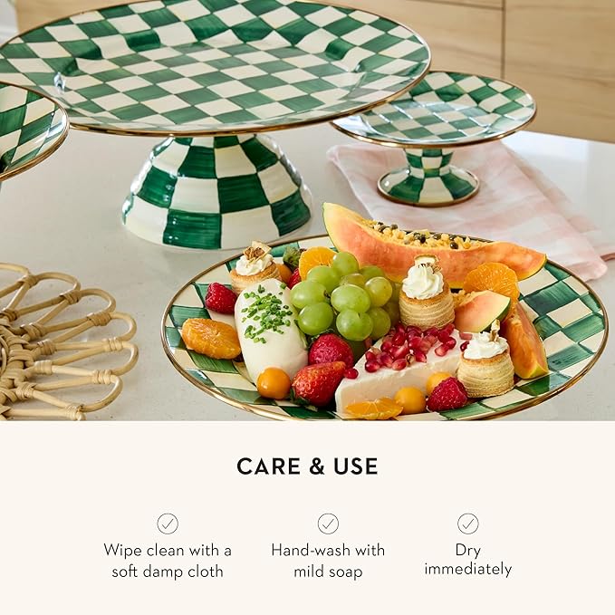 MACKENZIE-CHILDS Enamel Pedestal Platter, Round Cake Stand, Large, Green-and-White Emerald Check