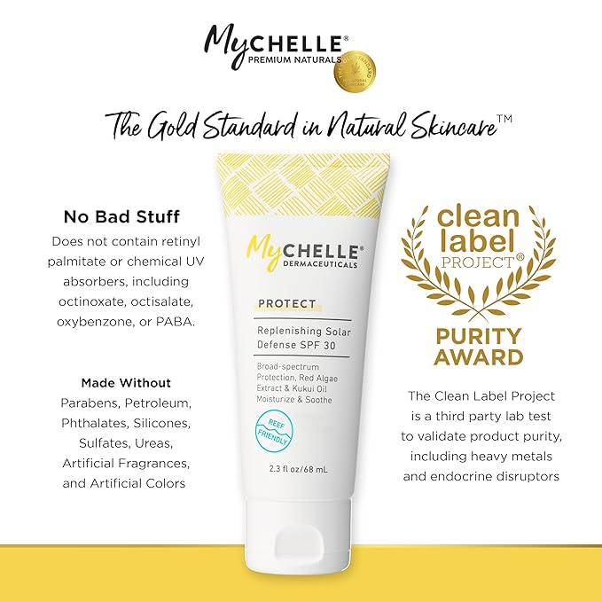 MyCHELLE Dermaceuticals Solar Defense SPF 30 (2.3 Fl Oz) - Moisturizing Reef Safe Sunscreen with Red Algae Extract and Kukui Oil - Travel Size Zinc Sunscreen for Face and Body-BrightBean Baby