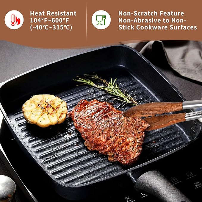 Wooden Tongs for Cooking Set of 2 (9" and 12") Natural Walnut Wooden kitchen Tongs for Grilling, Serving, BBQ and Tossing Salad etc | Ergonomic Stainless Steel Non-Slip Grip, Heat Resistant, Pull Lock