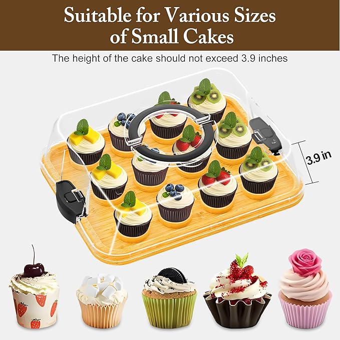 MinBoo Reusable Bamboo Cupcake Storage for Birthday Holiday Party Bakery Supplies Containers Portable 12 Standard-Size Cupcakes with Heightened Transparent Lid & Carry Handle