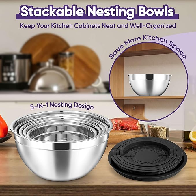 Herogo 5-Piece Mixing Bowls with Airtight Lids, 3 Grater Attachments, Stainless Steel Salad Serving Bowls for Kitchen, Size 4.6, 3.5, 2.5, 2, 1.5QT Ideal for Prepping & Cooking, Black