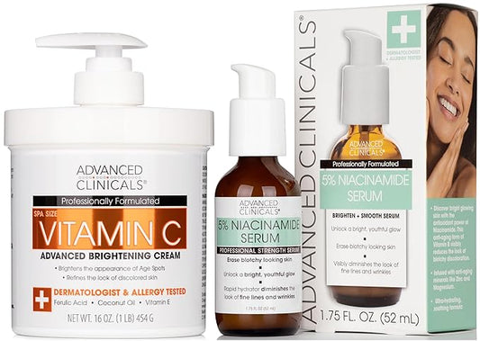 Advanced Clinicals Brightening Vitamin C Cream + 5% Niacinamide Serum W/Hyaluronic Acid 2pc Set | Vitamin C Body Lotion Moisturizer & Dark Spot Remover Face Serum | Skin Care Products, 2pc Bundle-BrightBean Baby