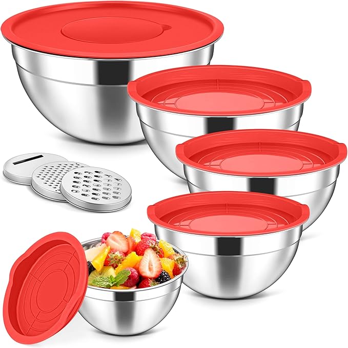 Herogo 5-Piece Mixing Bowls with Airtight Lids, 3 Grater Attachments, Stainless Steel Salad Serving Bowls for Kitchen, Size 4.6, 3.5, 2.5, 2, 1.5QT Ideal for Prepping & Cooking, Red