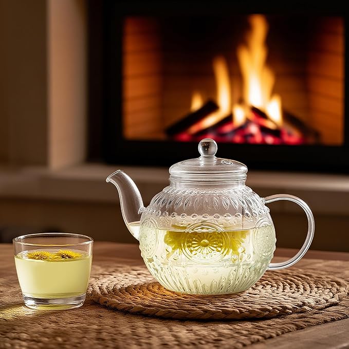 Bandesun Vintage Glass Teapot, Tea Kettle with Removable Infuser 32OZ/1000ml, Borosilicate Glass Pot -Stovetop Safe, Blooming & Loose Leaf Tea Maker Set