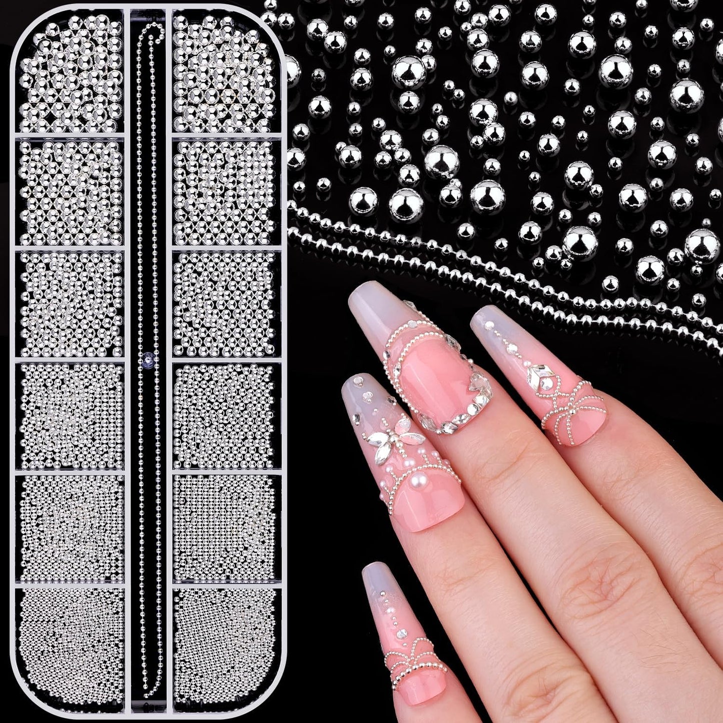 1-3MM Mini Small Nail Beads Metal Caviar Bead Silver Nail Charms and Gems Ball, Nail Chain for Nail Art Accessories Supplies Silver Rhinestones for Women Manicure-BrightBean Baby