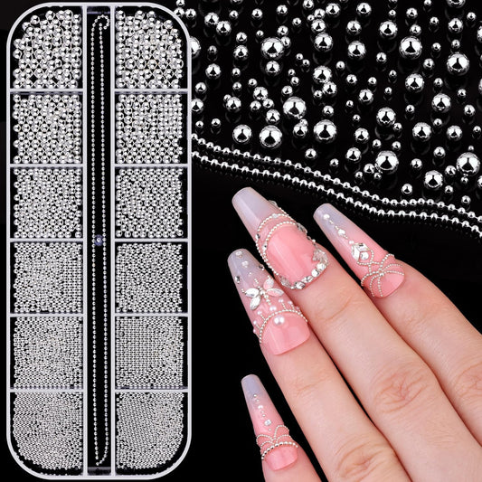 1-3MM Mini Small Nail Beads Metal Caviar Bead Silver Nail Charms and Gems Ball, Nail Chain for Nail Art Accessories Supplies Silver Rhinestones for Women Manicure-BrightBean Baby