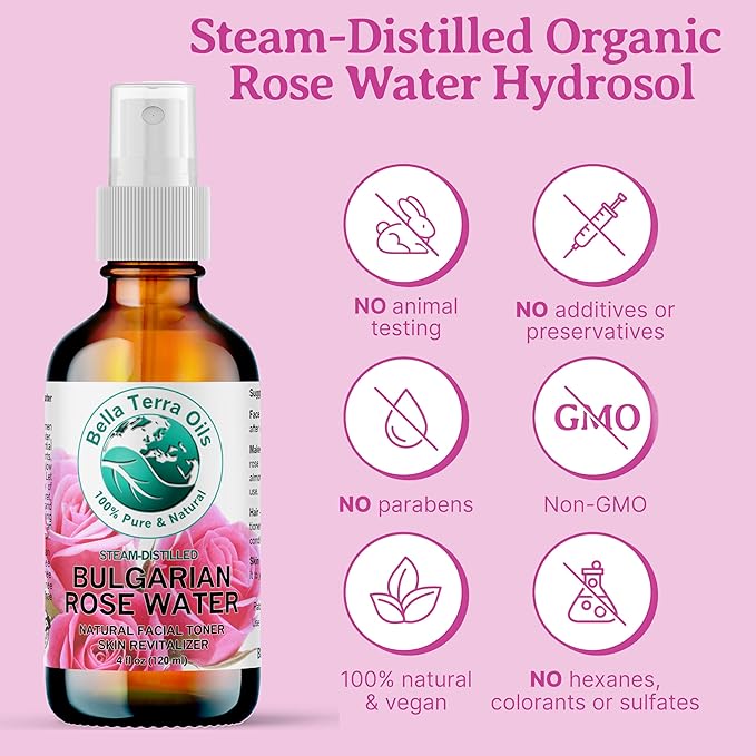 Bella Terra Oils - Rosewater Spray 16 oz - Embrace The Timeless Beauty of Pure Organic Rose Water, Ideal for Skin & Hair, Immerse in Natural Rose Fragrance-BrightBean Baby
