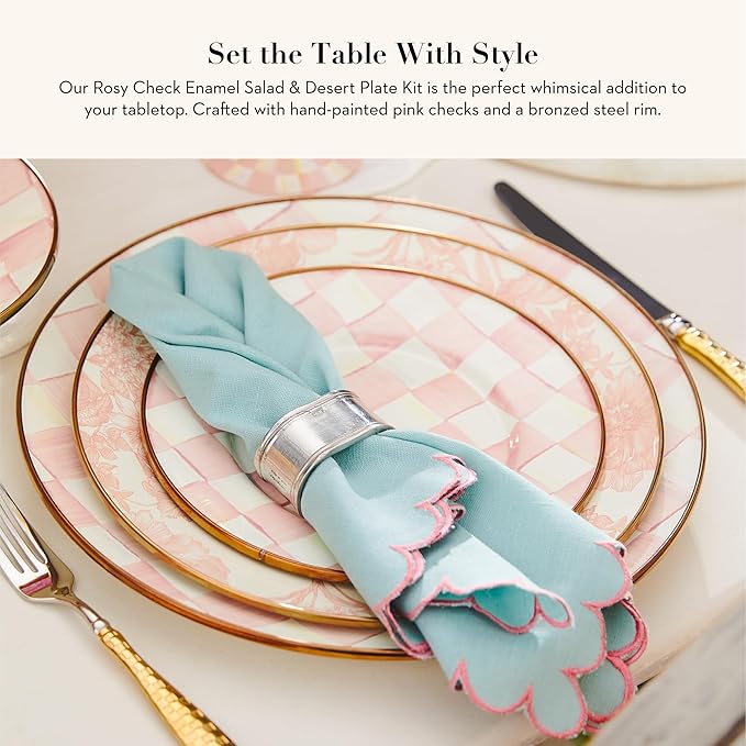 MACKENZIE-CHILDS Enamel Salad and Dessert Plate, Small Plate for Appetizers or Desserts, 8 Inches, Set of 4, Pink-and-White Rosy Check