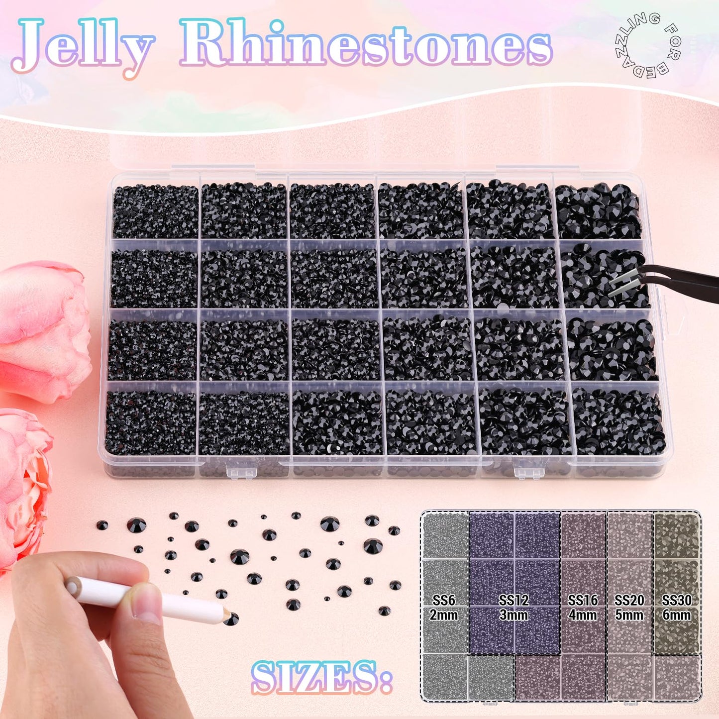 25000Pcs Resin Jelly Rhinestones with Tweezers for Crafting, 2-6mm Mixed Sizes (Black) Non Hotfix Flatback Gems, Bedazzling Crystal for DIY Crafts Clothing Tumblers Mugs Shoes Decor Nail Art-BrightBean Baby