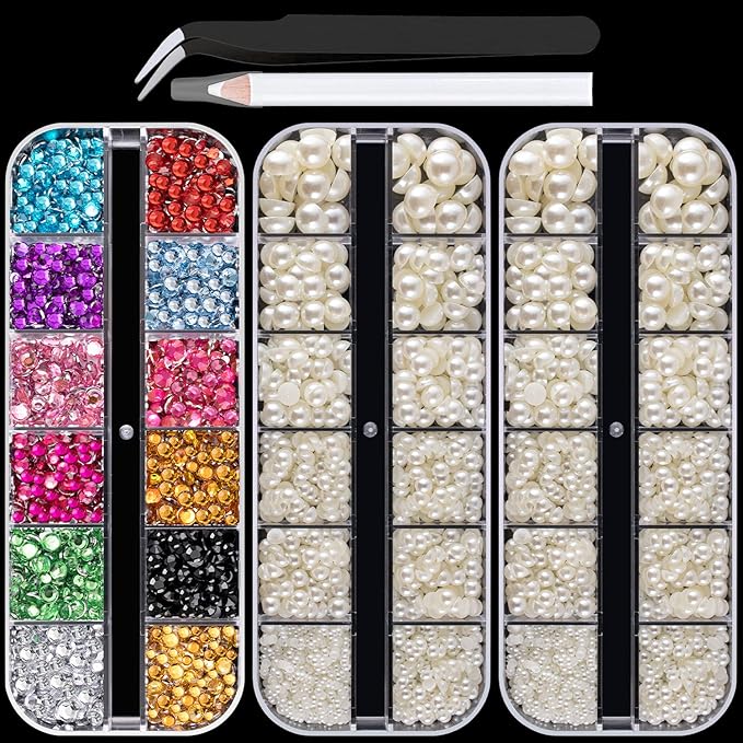 Flat Back Rhinestone+Half Round Pearl Kits Colorful Rhinestones+Beige Pearls With Picker Pencil And Tweezer For Home DIY And Professional Use-BrightBean Baby