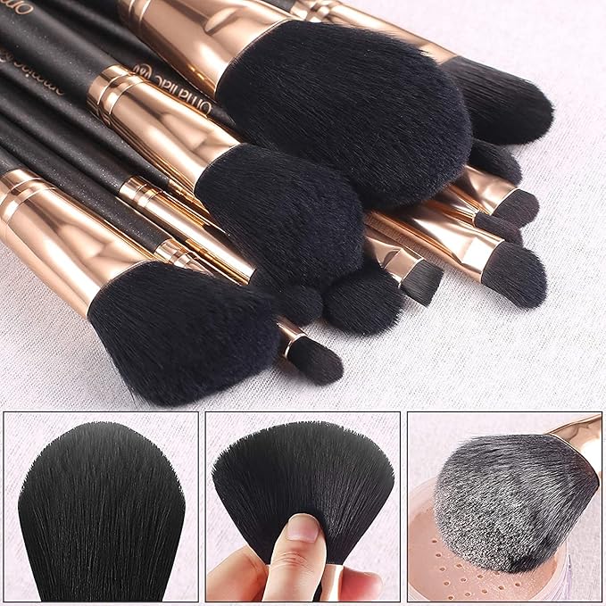 OMANIAC Makeup Brush Set Professional, 12 Pearlescent Wood Handle Makeup Brushes, Premium Cruelty-Free Synthetic Fiber Hair, Travel Make up Brushes Set with Case (Black).-BrightBean Baby