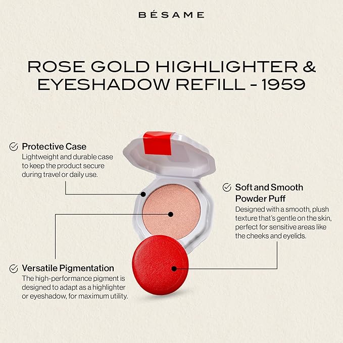 Besame Rose Gold Powder Blush & Eyeshadow 1959 Refill | Fits Signature Compacts Post-2019 | Sunkissed Pink-Gold | Vintage Inspired | 2-In-1 Cheek & Eyelid Highlighter | Sustainable Beauty Routine-BrightBean Baby