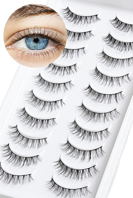 Natural Lashes Wispy False Eyelashes 10mm Short Lashes 3D Volume Strip Lashes Fake Eyelashes Siligli Lashes Thin Band Curly Eye Lashes Pack 10 pair-BrightBean Baby