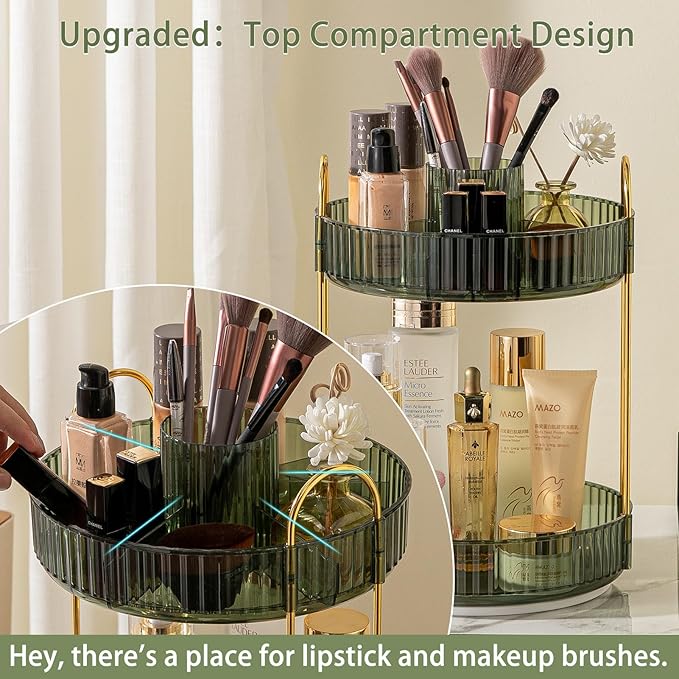 Rotating Makeup Organizer for Vanity, High-Capacity Skincare Clear Make Up Storage Perfume Organizers Cosmetic Dresser Organizer Countertop 360 Spinning (Green, New-2 Tier)-BrightBean Baby