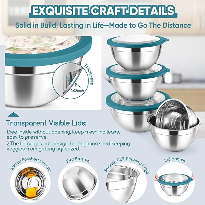 Herogo 5-Piece Mixing Bowls with Airtight Clear Lids, 3 Grater Attachments, Stainless Steel Large Bowls of 5 for Kitchen, Size 4.6, 3.5, 2.5, 2, 1.5QT Ideal for Mixing and Serving, Blue