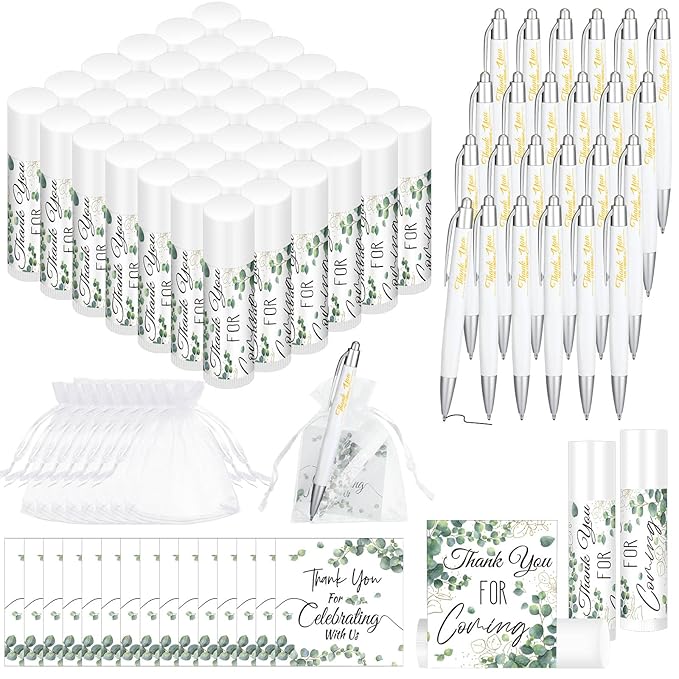50 Set Bulk Thank You Combo Gifts Include Lip Balms Appreciation Ballpoint Pen Thank You Card Organza Drawstring Gift Bag Pouch for Wedding Parties Baby Shower Favors, Eucalyptus Leaves Style-BrightBean Baby