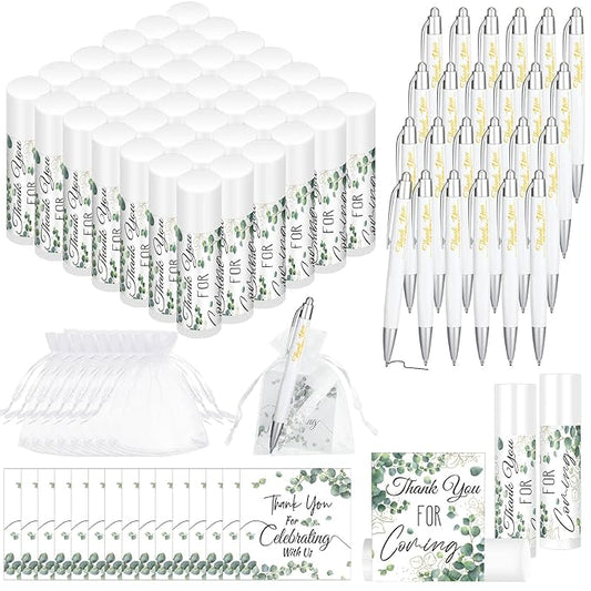 50 Set Bulk Thank You Combo Gifts Include Lip Balms Appreciation Ballpoint Pen Thank You Card Organza Drawstring Gift Bag Pouch for Wedding Parties Baby Shower Favors, Eucalyptus Leaves Style-BrightBean Baby