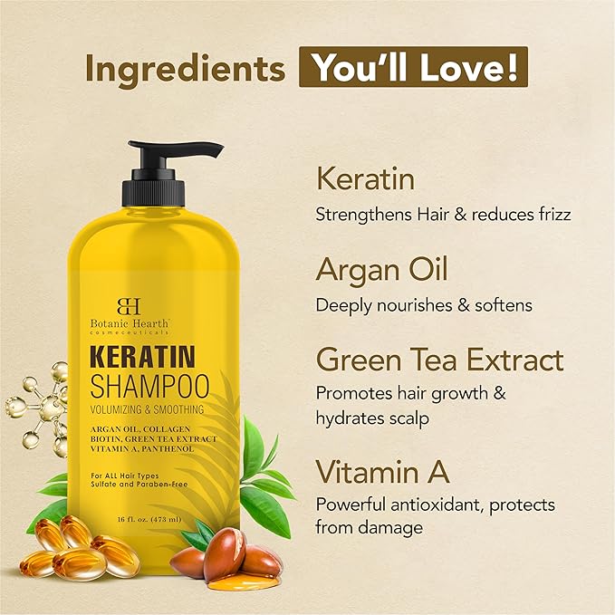 Botanic Hearth Keratin Shampoo | With Argan Oil, Collagen & Biotin | Best For Dry Damaged, Fizzy & Color Treated Hair | Hair Thickening & Sulfate Free | 16 Fl Oz (Pack Of 1)-BrightBean Baby
