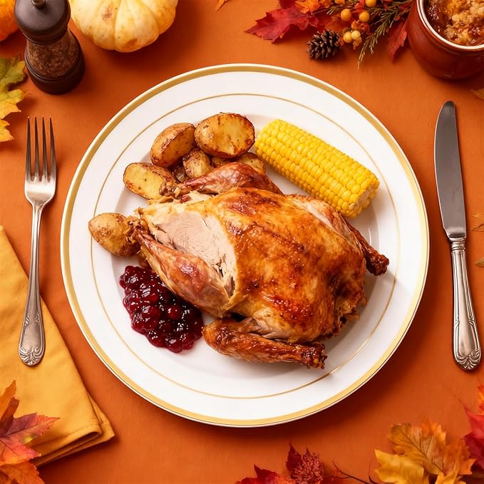 JOLLY CHEF 100 Pieces Gold Plastic Plates, 10 Inch Elegant Disposable Dinner White with Gold Rim, Disposable Plastic Plates for Dinner, Birthdays and Weddings