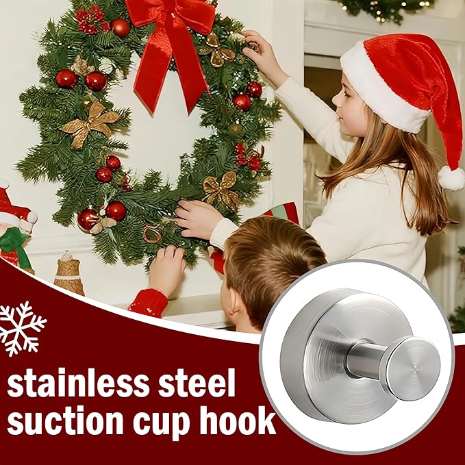 Suction Cup Hooks for Wreaths on Glass, 2026 Upgrade No Drill Towel Hooks Stainless Steel Waterproof Suction Cup Hooks, Wreath Hanger for Front Door for Kitchen, Bedroom (4, Silver)