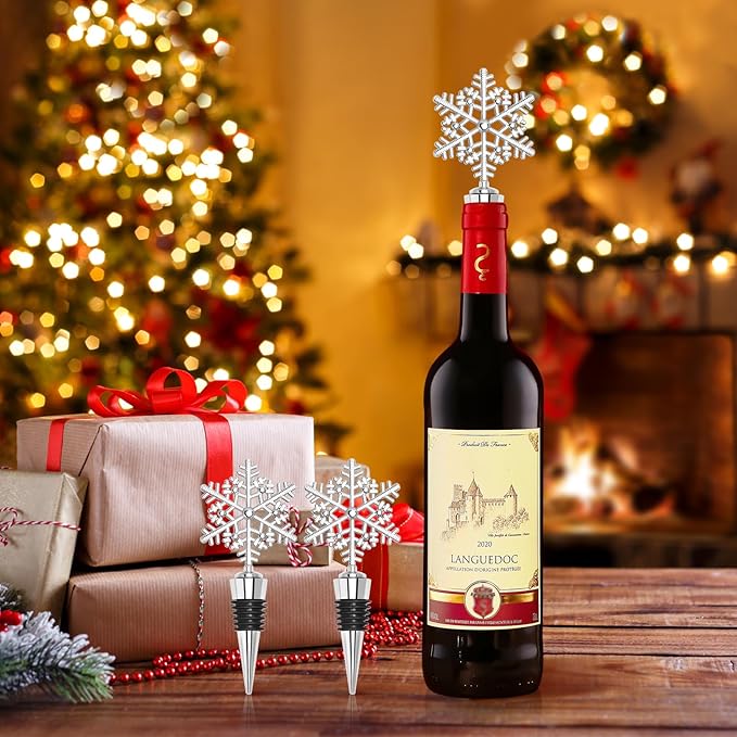 12Pcs Christmas Snowflake Wine Bottle Stopper Bulk Xmas Silver Wine Bottle Corkers Party Favors with Card and Ropes, for Winter Decoration Wedding Holiday Supplies Wine Accessories Gift for Hostess