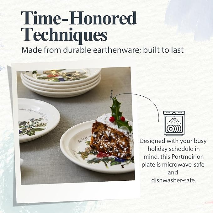 Portmeirion Holly and Ivy 7.25" Bread & Butter Plate (Set of 4) - Earthenware Side Plates, Holly Design - Festive Christmas Tableware - Microwave, Oven, Freezer, Dishwasher Safe - Holiday Dishware