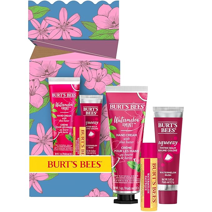Burt's Bees Mothers Day Gifts for Mom, 3 Self Care Products, You're One in a Melon - Watermelon & Mint Hand Cream, Watermelon Lip Balm & Watermelon Rush Squeezy Tinted Lip Balm (Packaging May Vary)-BrightBean Baby