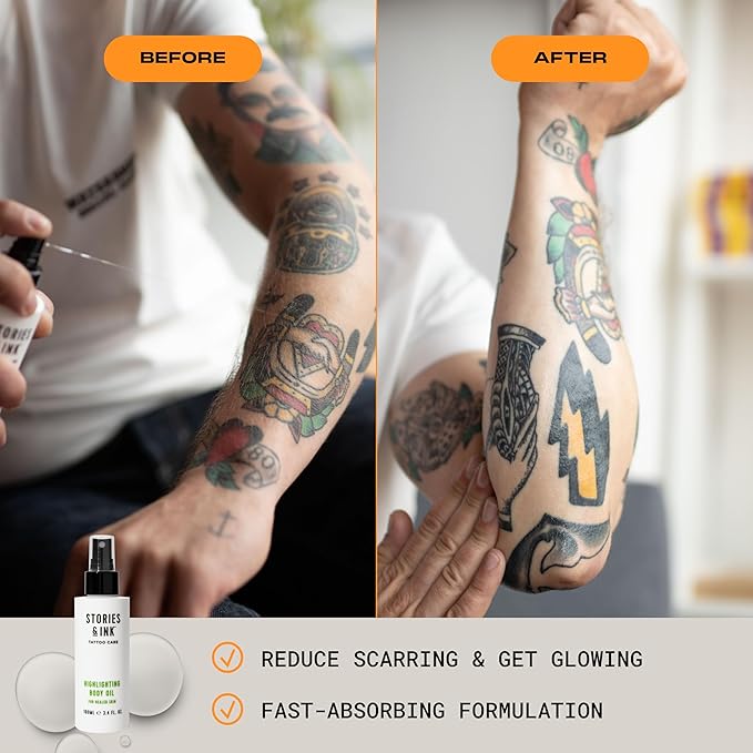 Stories & Ink Tattoo Care | HIGHLIGHTING BODY OIL for healed skin - Refreshes Faded Tattoos for Instant Tattoo Glow, 100 mL / 3.4 Fl Oz-BrightBean Baby
