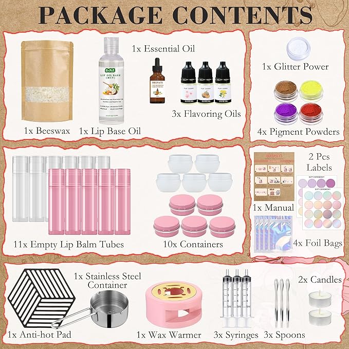 Lip Balm Making Kit - DIY Lip Gloss Kit to Make Your Own Lip Balm with Natural Beeswax, Lip Base Oil, Essential Oil, Tubes, Jars Lip Balm Craft Kit For Adults Girls Moisturizing Lip Care Kit-BrightBean Baby