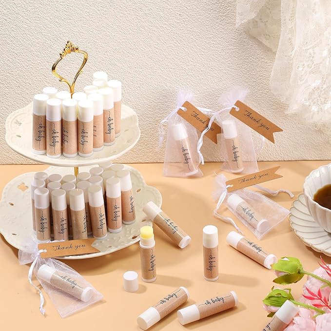 50 Sets Baby Shower Lip Balm Favor with Thank You Tags and Organza Bags, Lip Balm Bulk Baby Shower Gifts for Guests Prizes Gender Reveal Souvenirs Neutral Birthday Supplies-BrightBean Baby