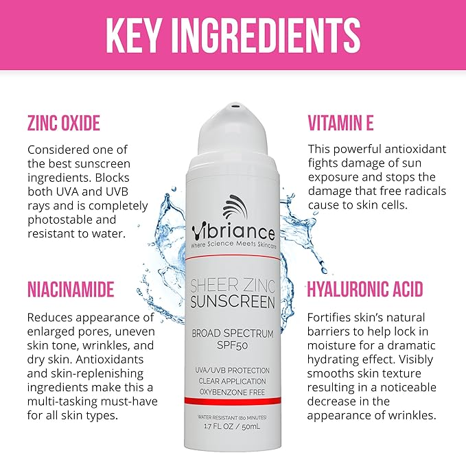 Vibriance Sheer Zinc Sunscreen - Tinted Sunscreen for Face SPF 50, Lightweight Facial Moisturizer with Niacinamide, Hyaluronic Acid - 1.7 fl oz-BrightBean Baby