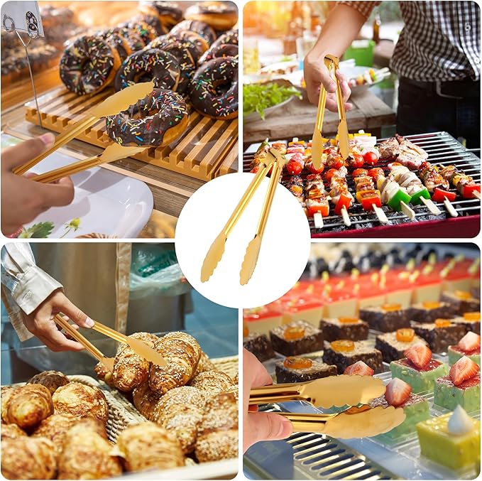 5 Pack Gold Serving Tongs Salad Tongs 9 Inch Buffet Tongs Stainless Steel Food Tong Serving Utensils for Buffet Wedding Party Catering (9 Inch, Gold)