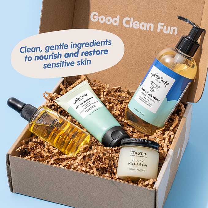 Tubby Todd New Baby & Mom Sensitive Skincare Kit - The Mama + Baby Gift Set - Baby Shampoo and Body Wash, All Over Ointment, Belly Oil & Nipple Balm - Standard Size Fragrance-Free-BrightBean Baby