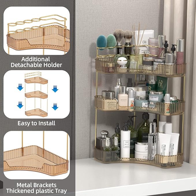 Corner Bathroom Counter Organizer with Top Toothbrush Holders, 3-Tier Make Up Organizers for Vanity with Brush Holder, Corner Storage for Bathroom, Kitchen, Dresser-BrightBean Baby