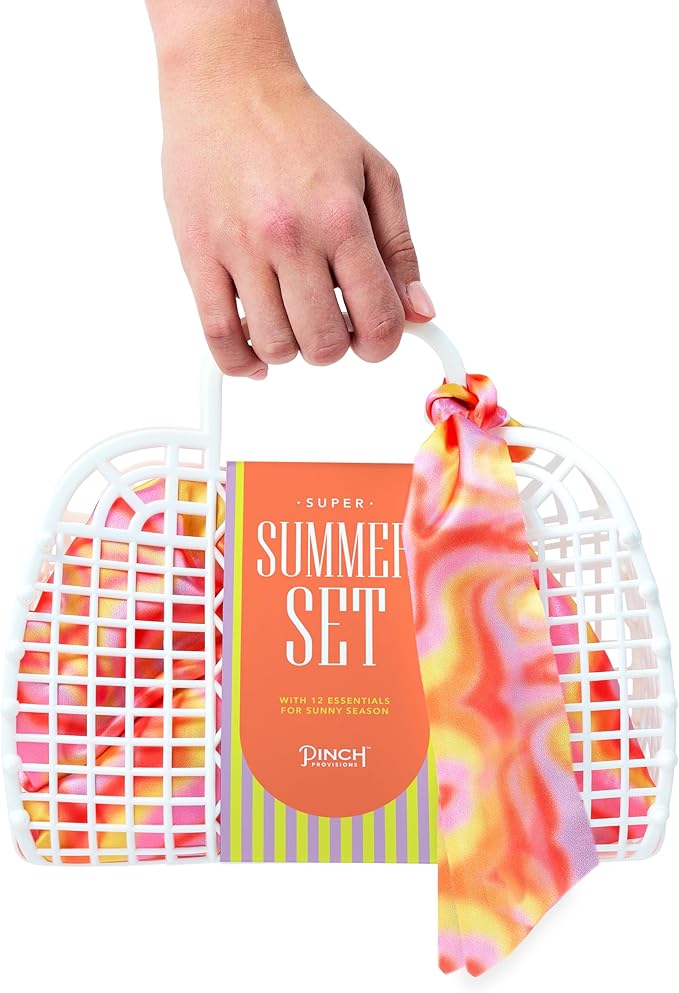 Pinch Provisions Super Summer Jelly Tote, 12 Beach & Poolside Accessories For Beauty, Perfect for Pool & Beach Days, Includes Oil Absorbing Roller, Rechargable Fan, Towel Clips, & Ice Roller-BrightBean Baby