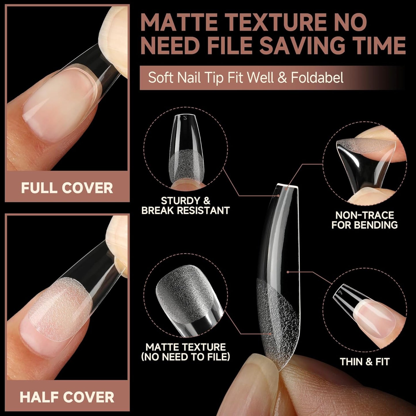 UNA GELLA Medium Coffin Nails Tips 504pcs - Gel Nail Tips Coffin Acrylic Full Cover Pre-buff Soft Gel Nail Tips Half Matte For Nail Extension Home DIY Salon 12 Sizes-BrightBean Baby