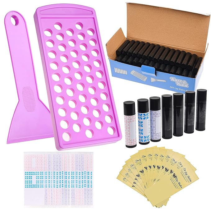 Lip Balm Filling Tray Kit - 1x Filling Tray, 1x Spatula, 50x Lip Balm Tubes (Black), 50x Writable Sticker (3 colors), 50x Printed Stickers (Transparent) - DIY Homemade Lip Balm - Gift Idea-BrightBean Baby