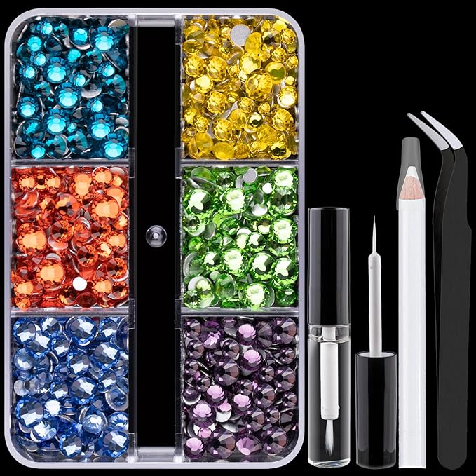 Colorful Face Gems for Makeup Set, Flatback Gorgeous Charming Mixed-Colored Crystals with Makeup Glue+Picker Pencil+Tweezer for Eye Body Hair Make-up and Nail Art Deco-BrightBean Baby