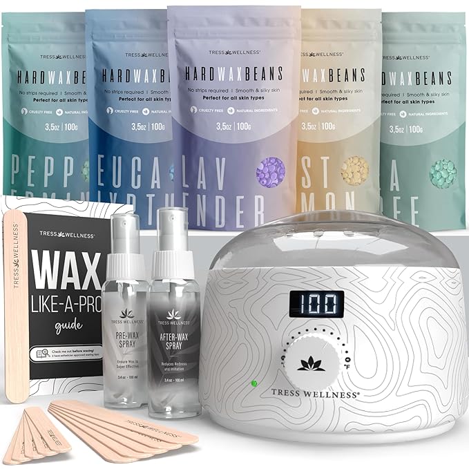 Tress Wellness Waxing Kit for Sensitive Skin – Safe for Face & Skin, Prep & Aftercare Spray, Easy to Use – At-Home Kit for Face, Bikini, Brazilian & Full Body, Black & White-BrightBean Baby