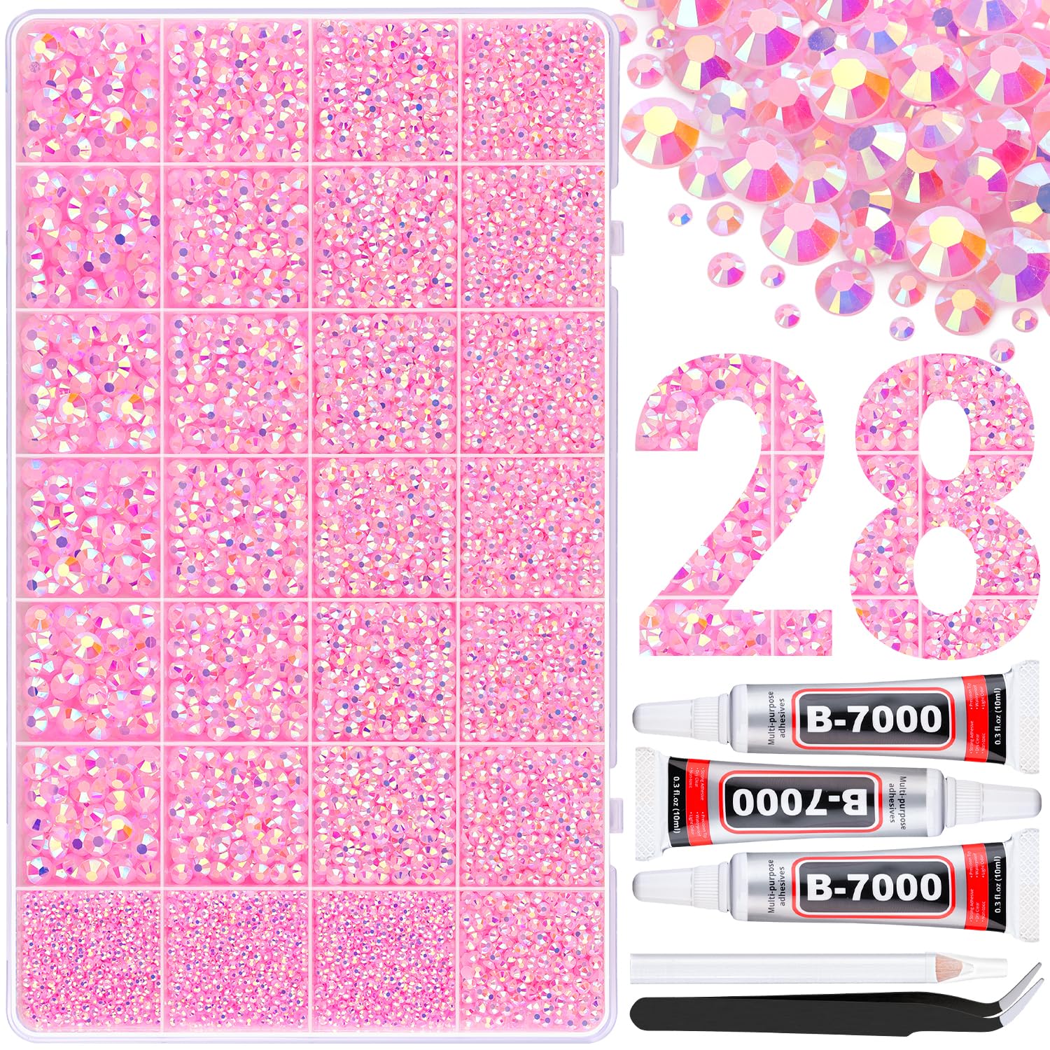 30000Pcs Resin Rhinestones for Bedazzling with 3Pcs B7000 Jewelry Glue, Light Pink AB Flatback Gems Rhinestones for Crafting, Clothing Tumblers Mugs Shoes Fabric Decor Nail Art-BrightBean Baby