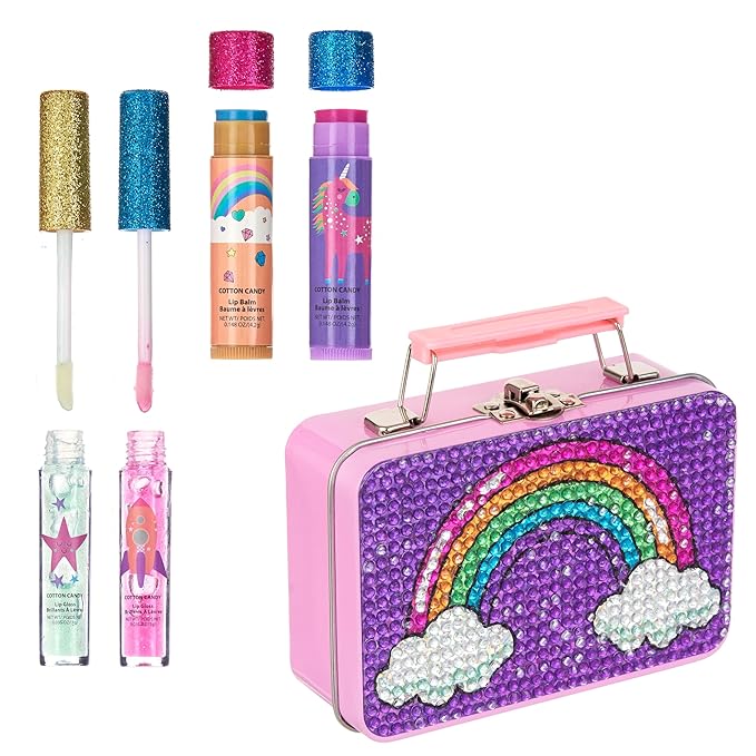 Expressions 5pc Rainbow Rhinestones Cosmetics Lip Kit For Kids w/Lip Glosses, Lip Balms & Tin Box Storage Case Magical Lip Set,Washable + Non Toxic-BrightBean Baby