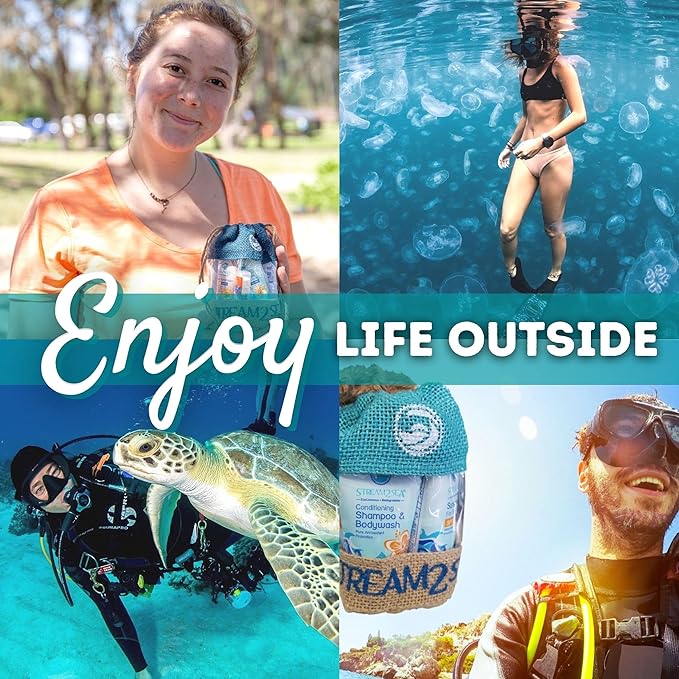 EcoConscious Travel Kit Body & Hair Care Gift Set | Shampoo & Body wash | Conditioner | SPF30, SPF20 and Mineral Sunscreen | SPF 30 Cucumber Mint and Hydrate Cherry Vanilla Lip Balm by Stream2Sea-BrightBean Baby