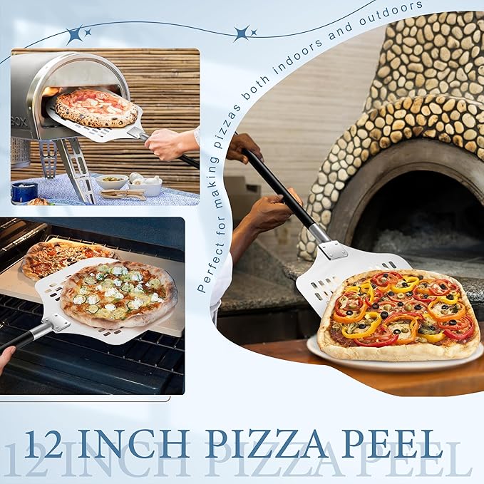 Aluminum Pizza Peel Spatula Set, HaSteeL 12 Inch Pizza Paddle Shovel, 14 Inch Metal Pizza Cutter Rocker, Pizza Oven Accessories Tools for Cooking Baking Turning Cutting, Detachable Handle, Perforated